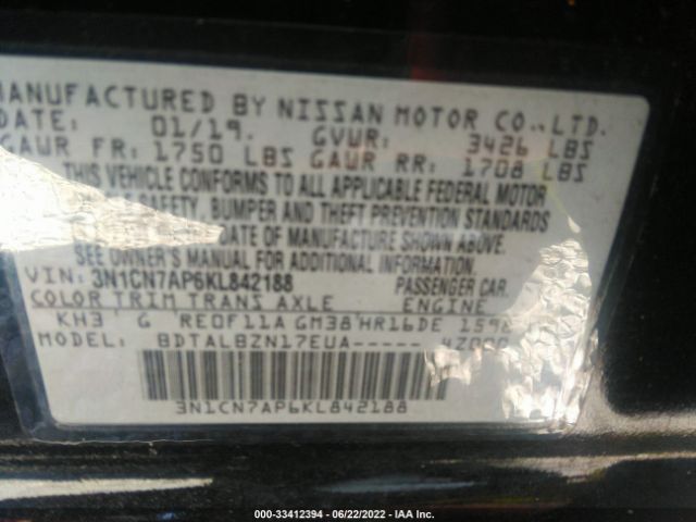 Photo 8 VIN: 3N1CN7AP6KL842188 - NISSAN VERSA SEDAN 