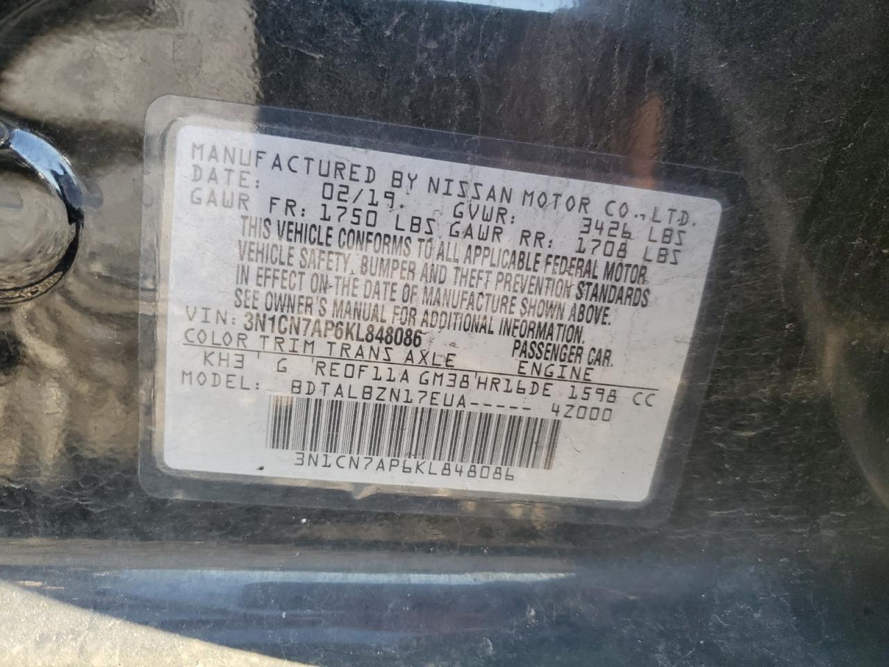 Photo 11 VIN: 3N1CN7AP6KL848086 - NISSAN VERSA 