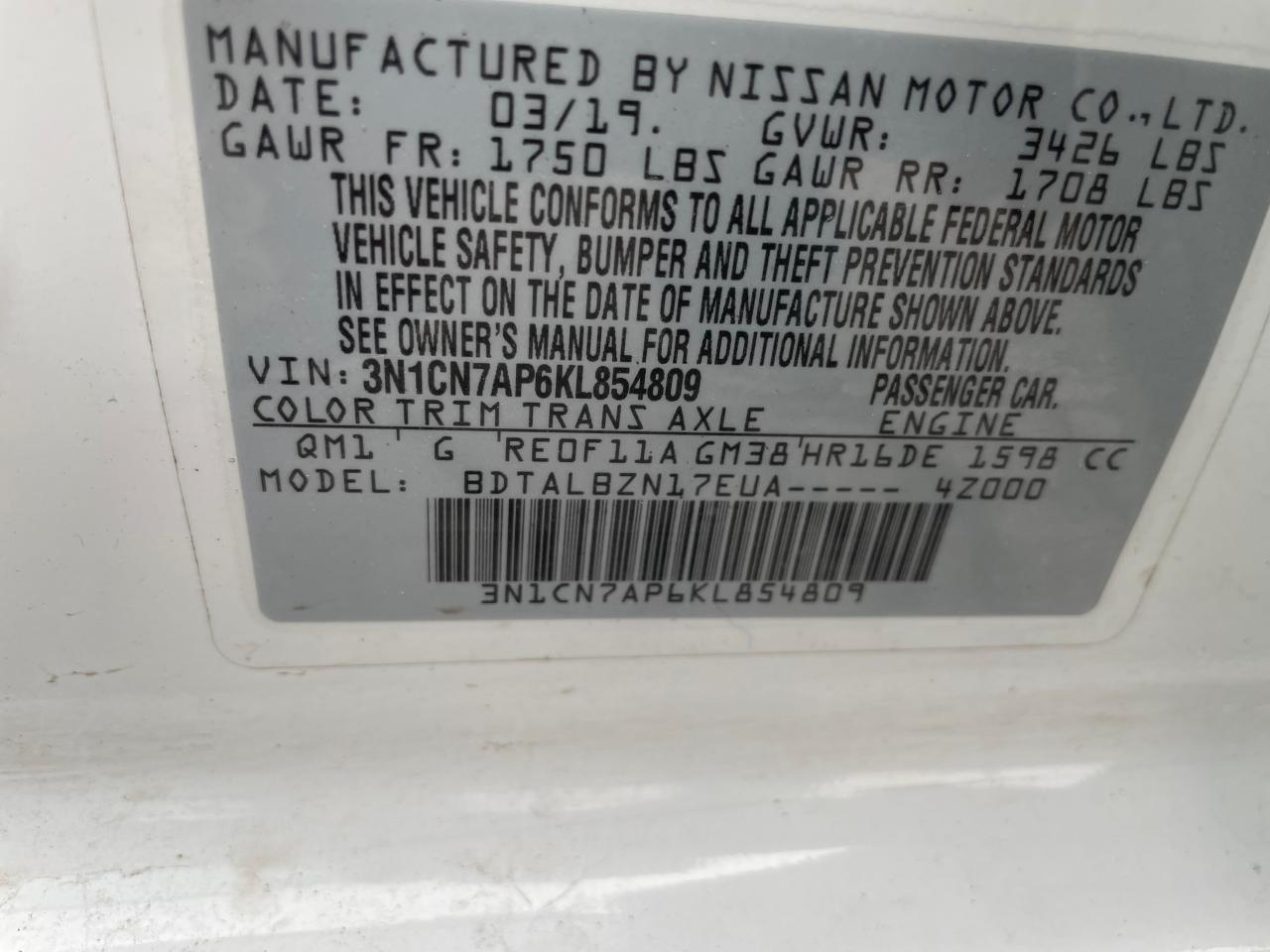 Photo 9 VIN: 3N1CN7AP6KL854809 - NISSAN VERSA 