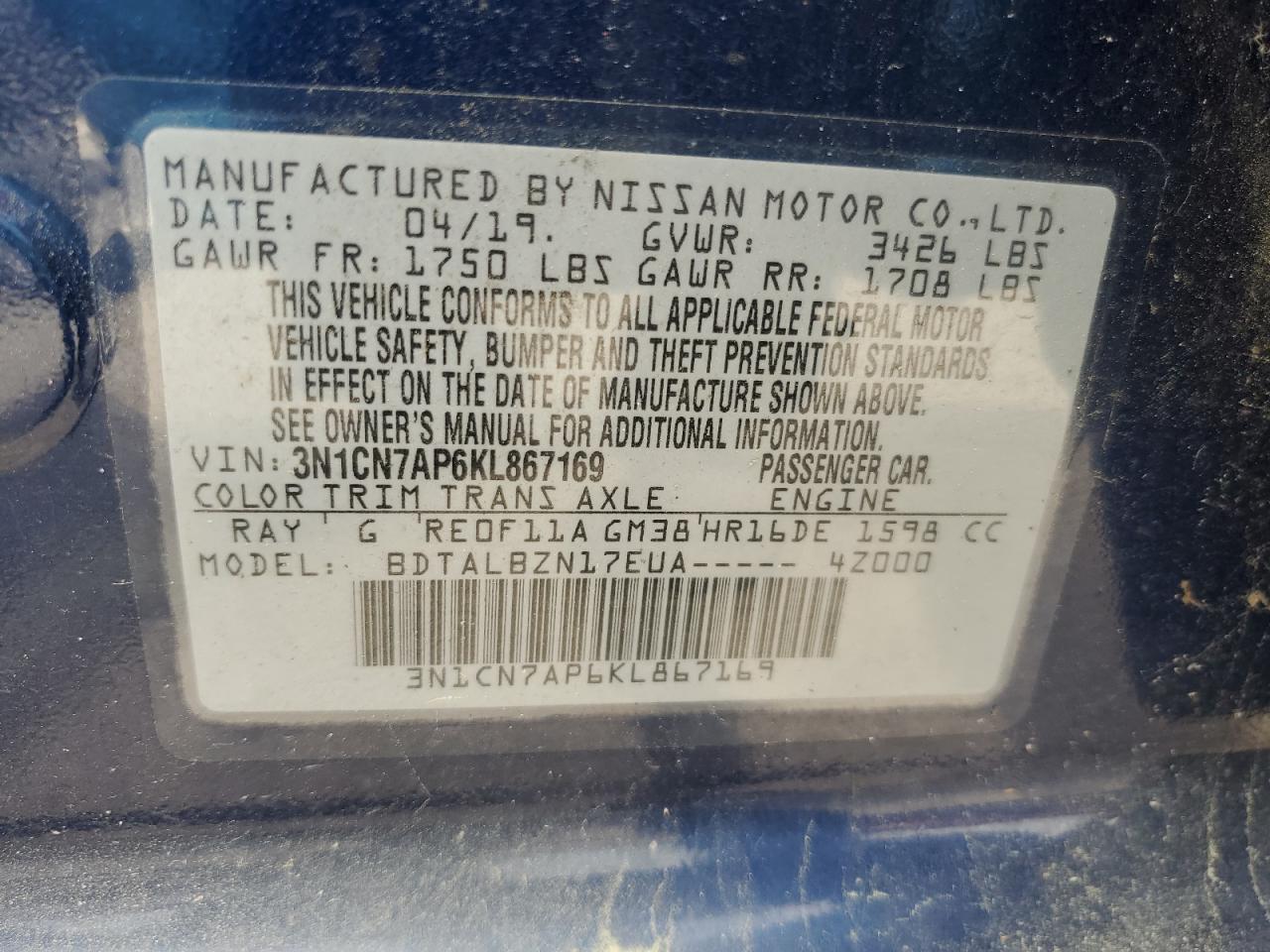 Photo 12 VIN: 3N1CN7AP6KL867169 - NISSAN VERSA 