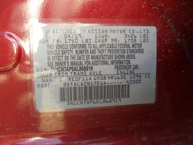 Photo 9 VIN: 3N1CN7AP6KL868919 - NISSAN VERSA S 