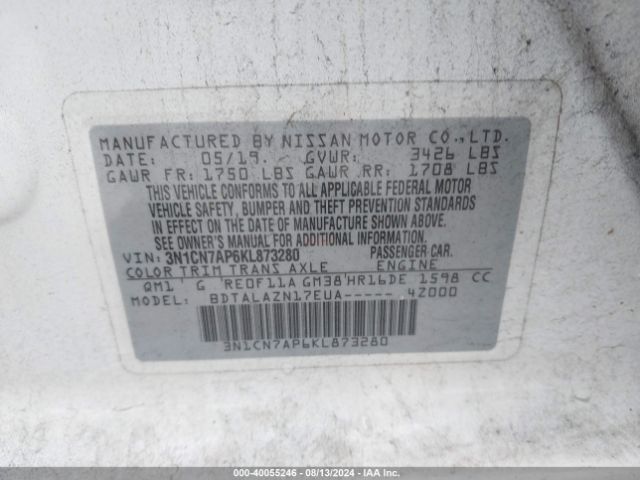 Photo 8 VIN: 3N1CN7AP6KL873280 - NISSAN VERSA 