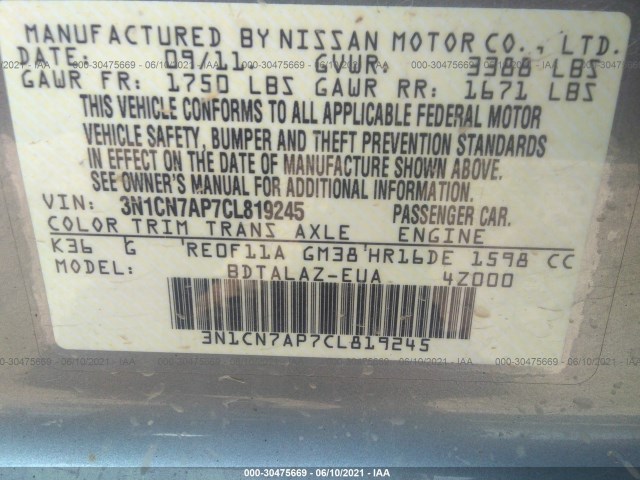 Photo 8 VIN: 3N1CN7AP7CL819245 - NISSAN VERSA 