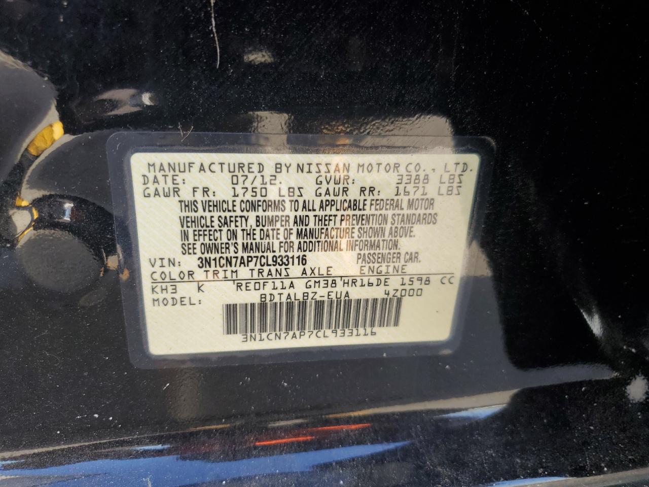 Photo 12 VIN: 3N1CN7AP7CL933116 - NISSAN VERSA 