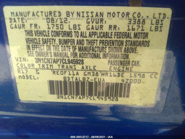 Photo 8 VIN: 3N1CN7AP7CL945928 - NISSAN VERSA 