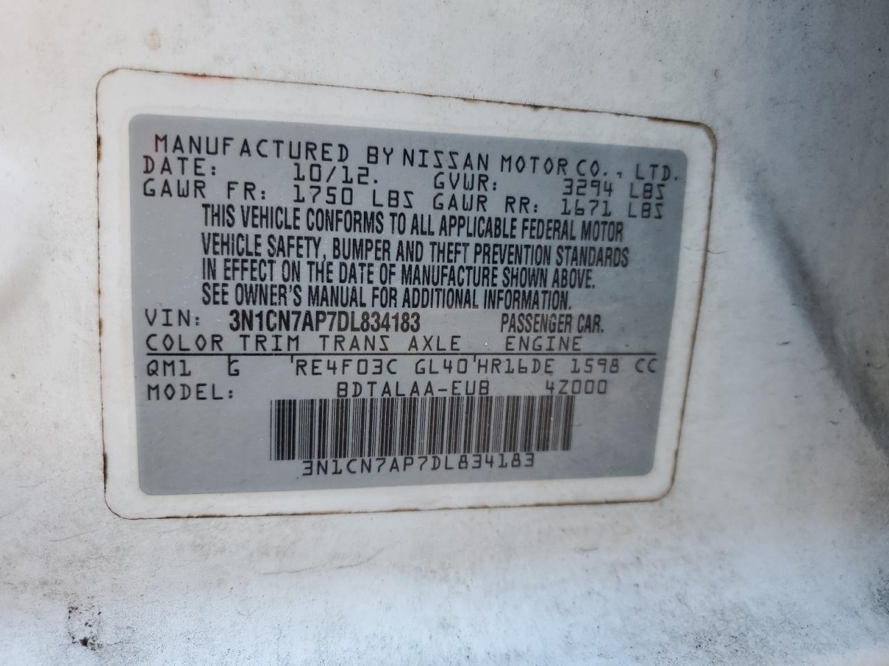 Photo 12 VIN: 3N1CN7AP7DL834183 - NISSAN VERSA 