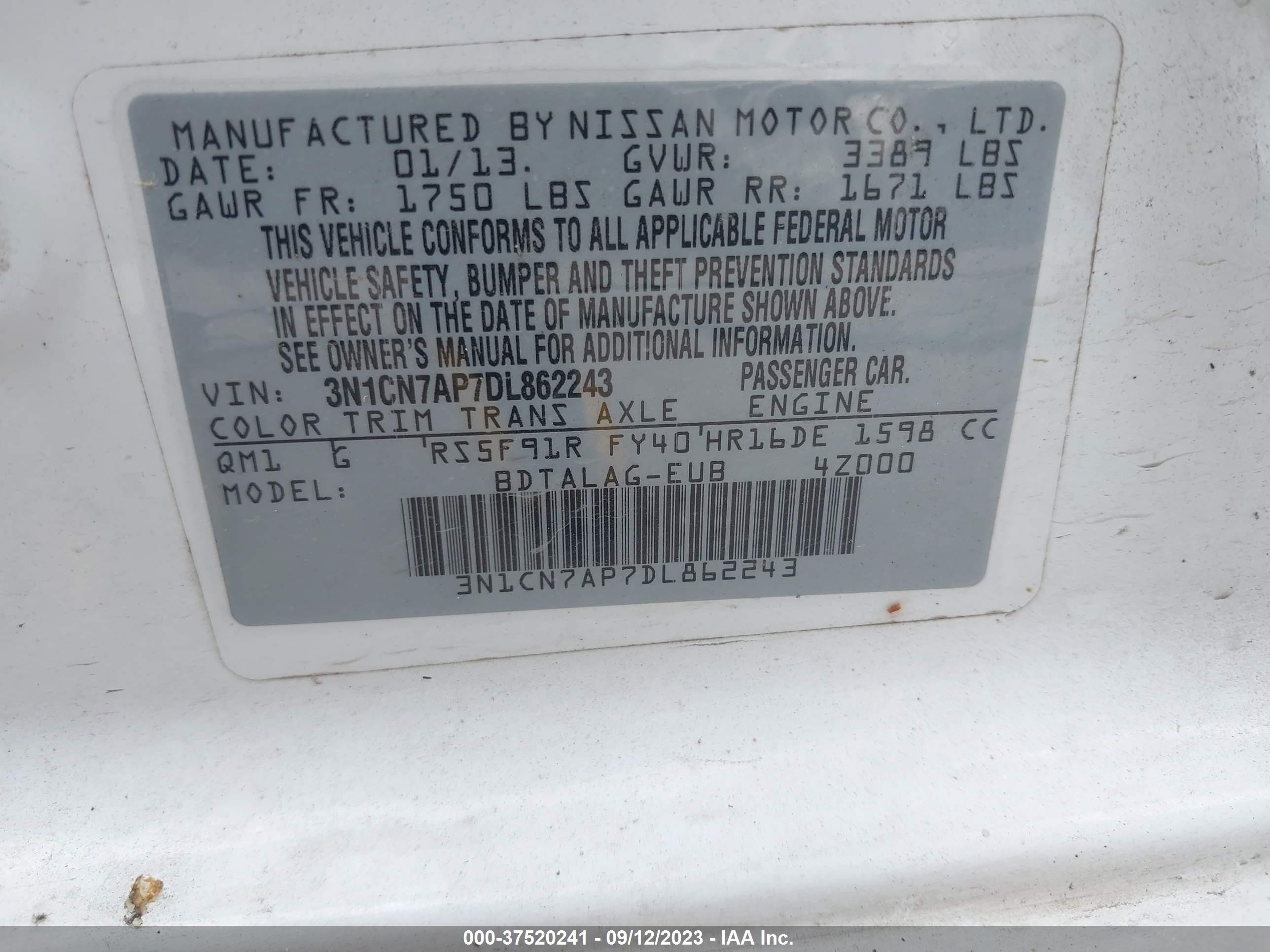 Photo 8 VIN: 3N1CN7AP7DL862243 - NISSAN VERSA 