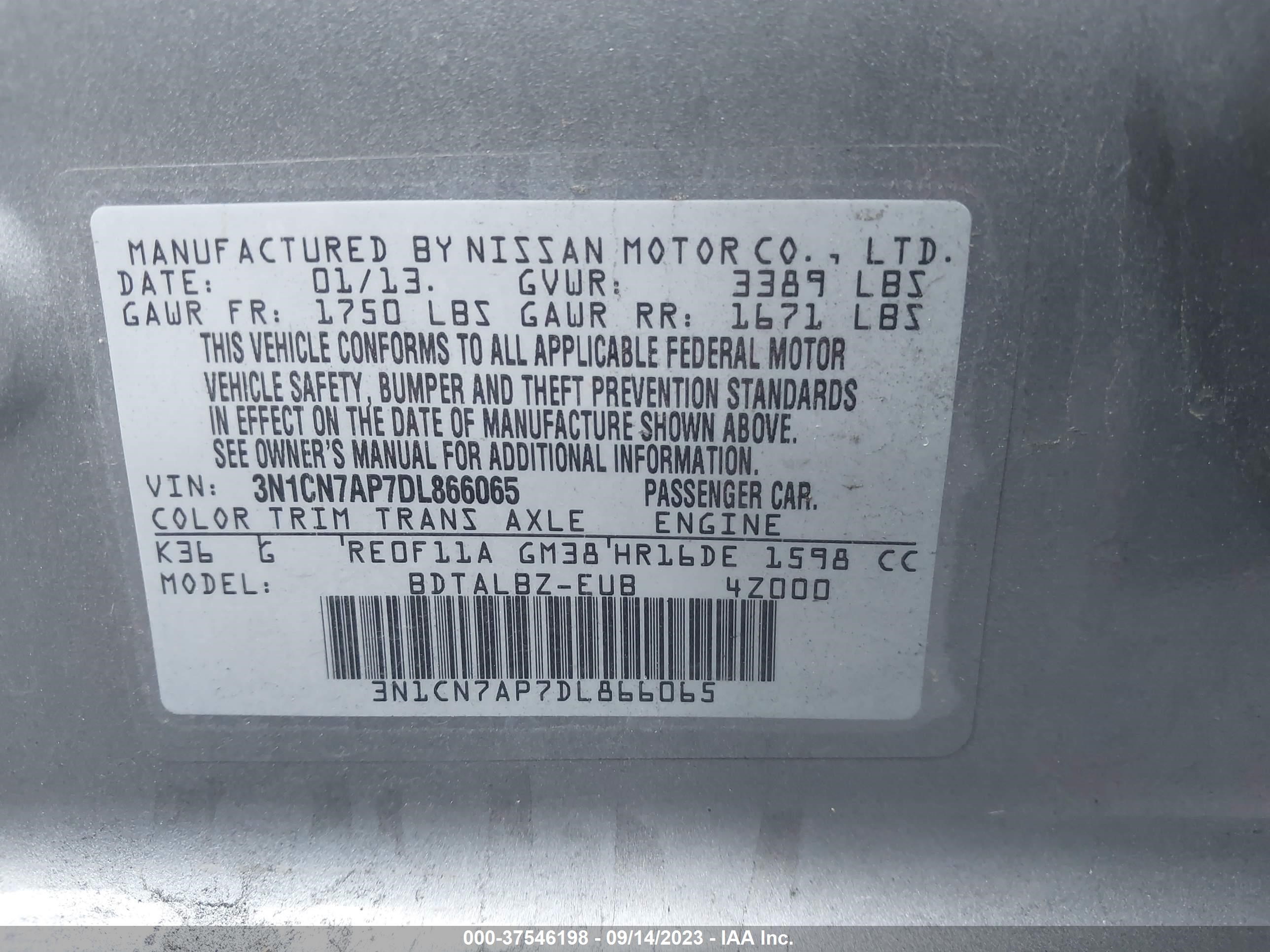 Photo 8 VIN: 3N1CN7AP7DL866065 - NISSAN VERSA 