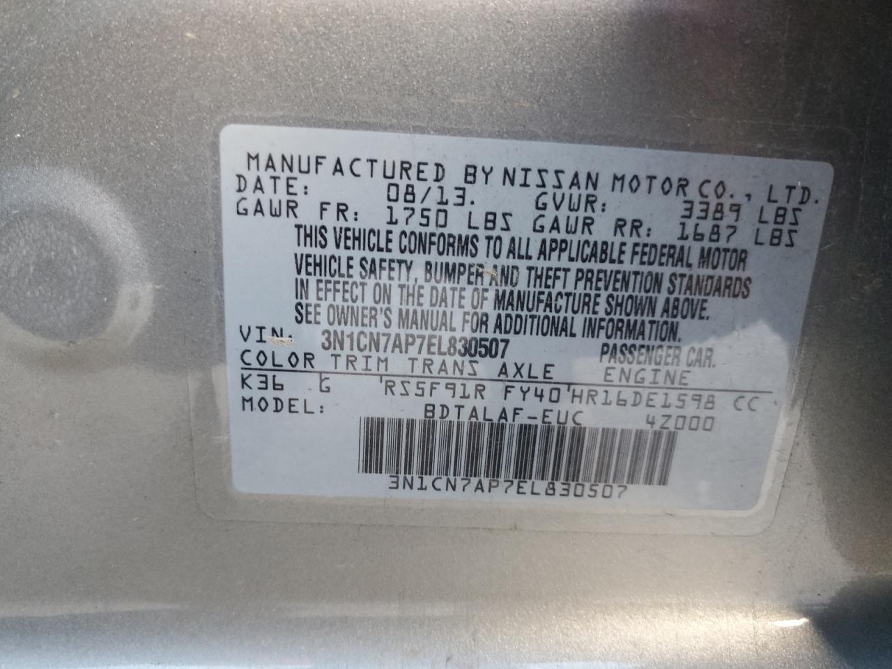 Photo 11 VIN: 3N1CN7AP7EL830507 - NISSAN VERSA 