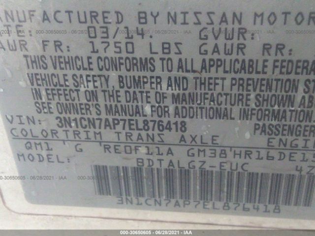 Photo 8 VIN: 3N1CN7AP7EL876418 - NISSAN VERSA 