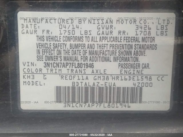 Photo 8 VIN: 3N1CN7AP7FL801946 - NISSAN VERSA 