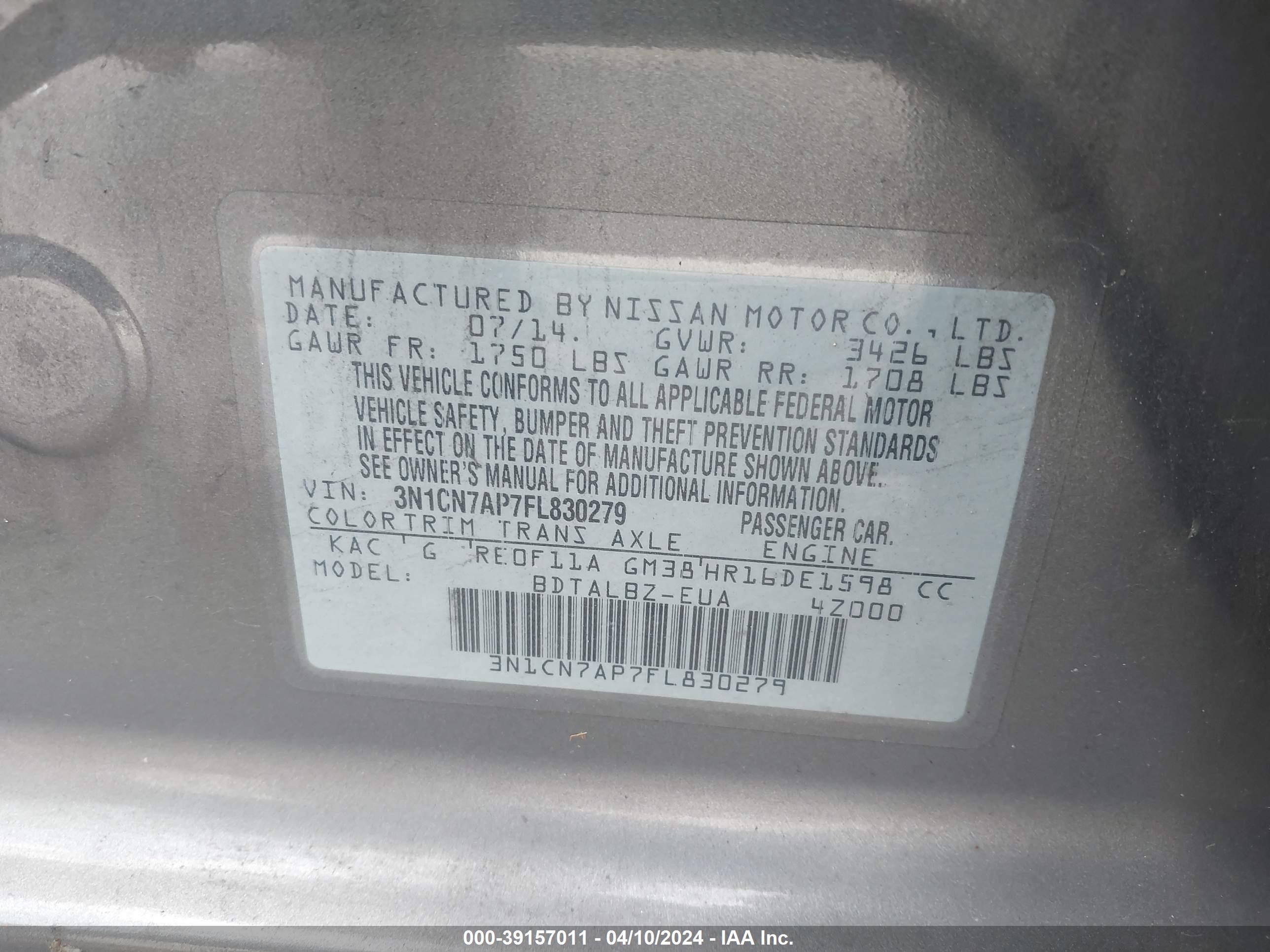 Photo 8 VIN: 3N1CN7AP7FL830279 - NISSAN VERSA 