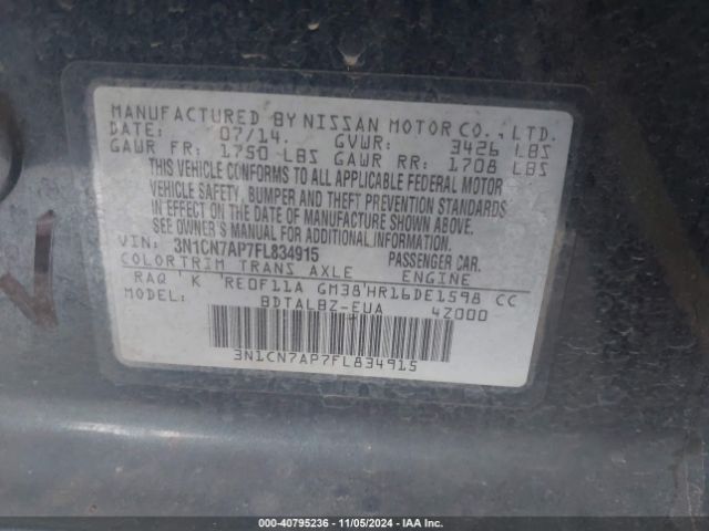 Photo 8 VIN: 3N1CN7AP7FL834915 - NISSAN VERSA 