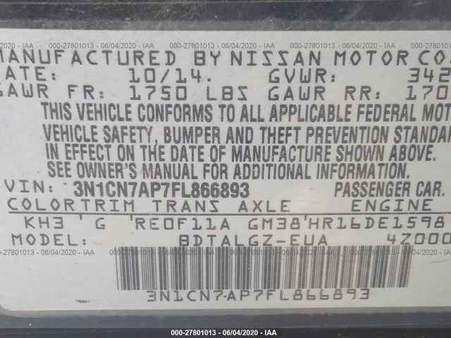 Photo 8 VIN: 3N1CN7AP7FL866893 - NISSAN VERSA 