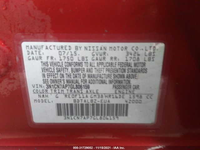 Photo 8 VIN: 3N1CN7AP7GL806159 - NISSAN VERSA 