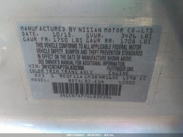 Photo 8 VIN: 3N1CN7AP7GL832356 - NISSAN VERSA 