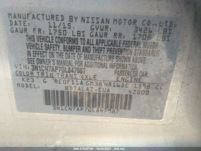 Photo 8 VIN: 3N1CN7AP7GL847987 - NISSAN VERSA 