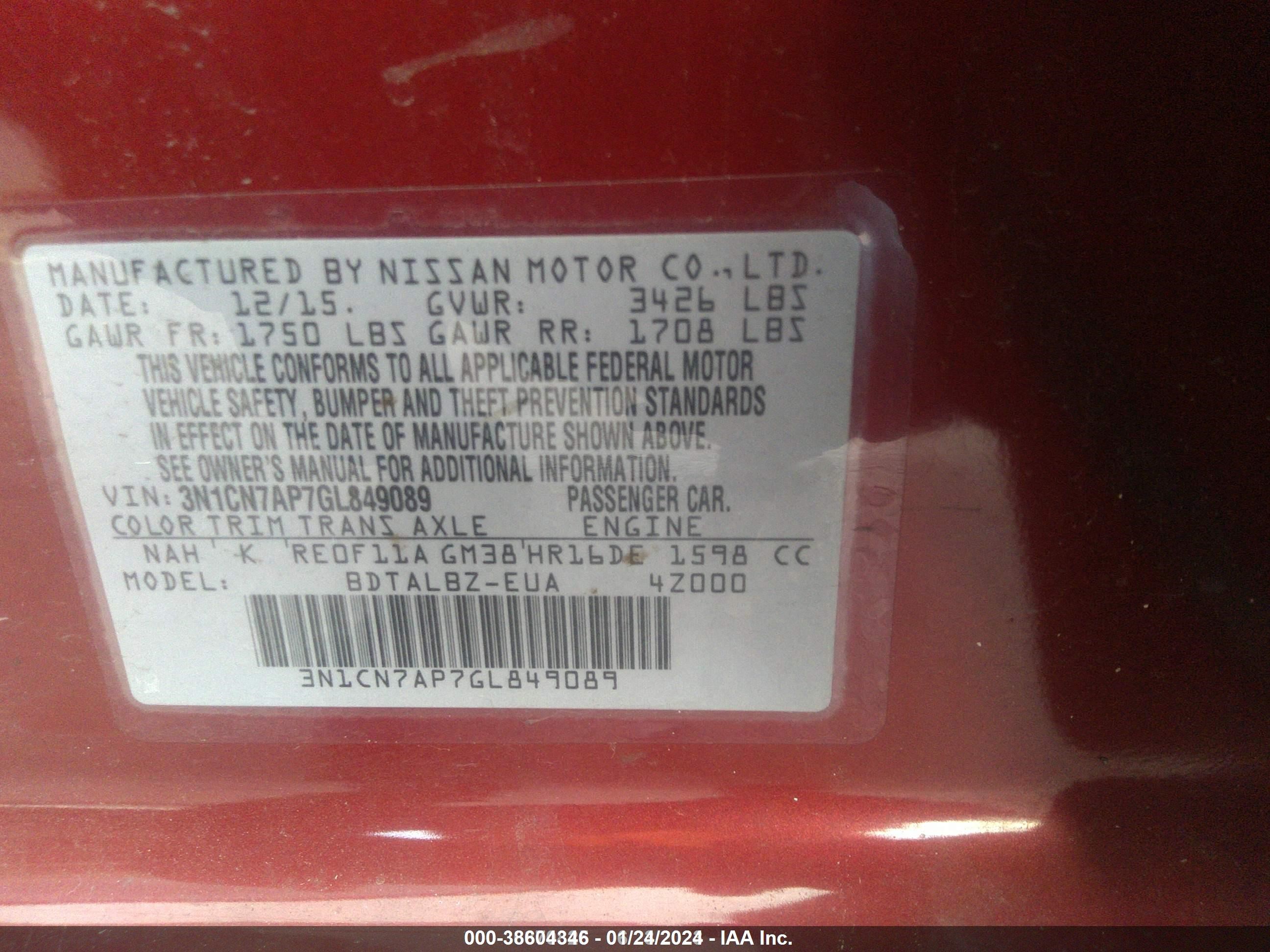 Photo 8 VIN: 3N1CN7AP7GL849089 - NISSAN VERSA 