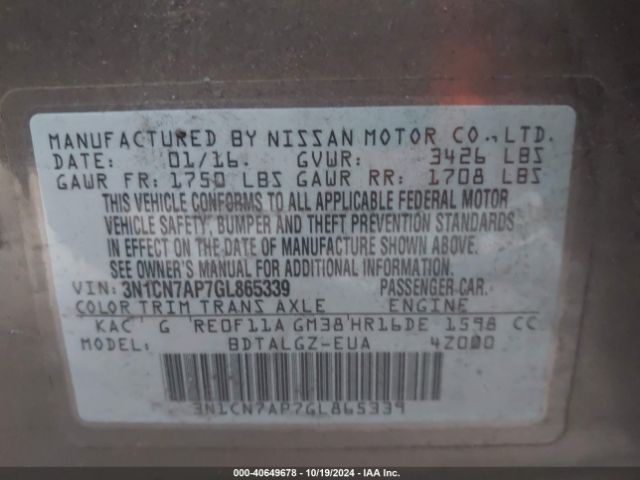 Photo 8 VIN: 3N1CN7AP7GL865339 - NISSAN VERSA 