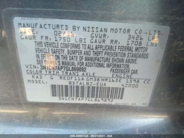 Photo 8 VIN: 3N1CN7AP7GL869892 - NISSAN VERSA 