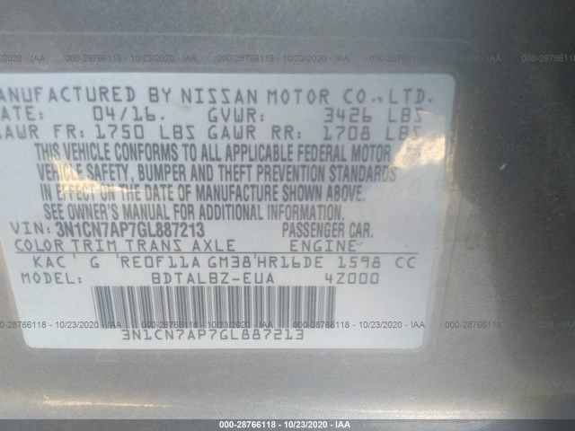 Photo 8 VIN: 3N1CN7AP7GL887213 - NISSAN VERSA 