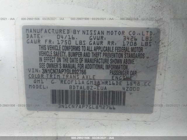 Photo 8 VIN: 3N1CN7AP7GL892766 - NISSAN VERSA 