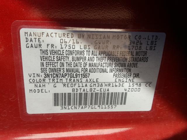 Photo 9 VIN: 3N1CN7AP7GL911557 - NISSAN VERSA S 