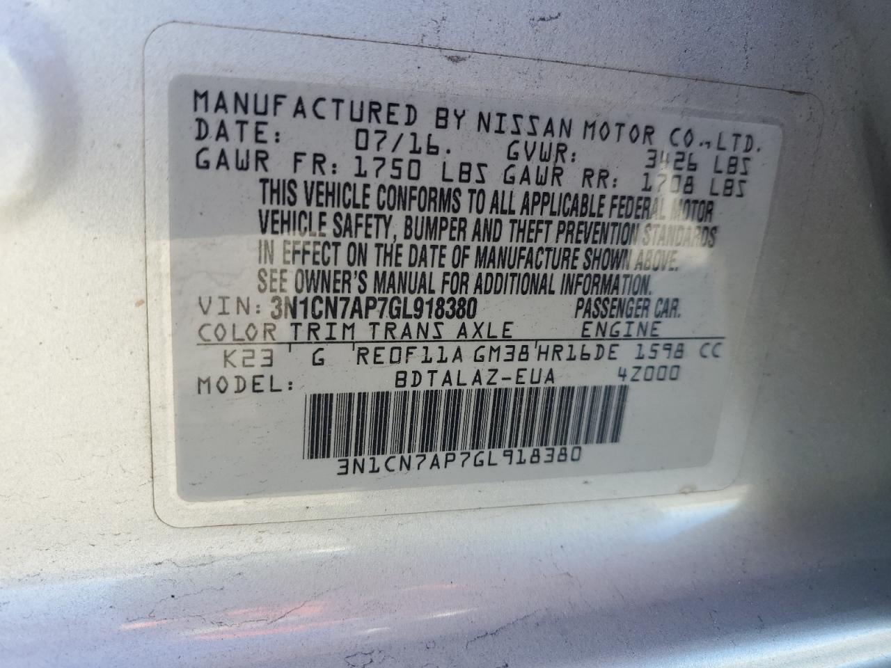 Photo 11 VIN: 3N1CN7AP7GL918380 - NISSAN VERSA 