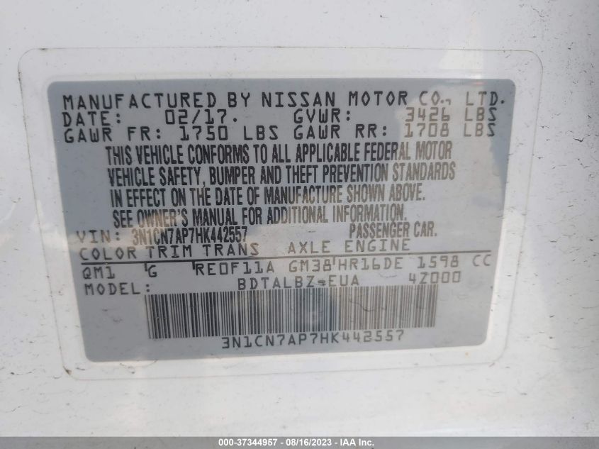 Photo 8 VIN: 3N1CN7AP7HK442557 - NISSAN VERSA 