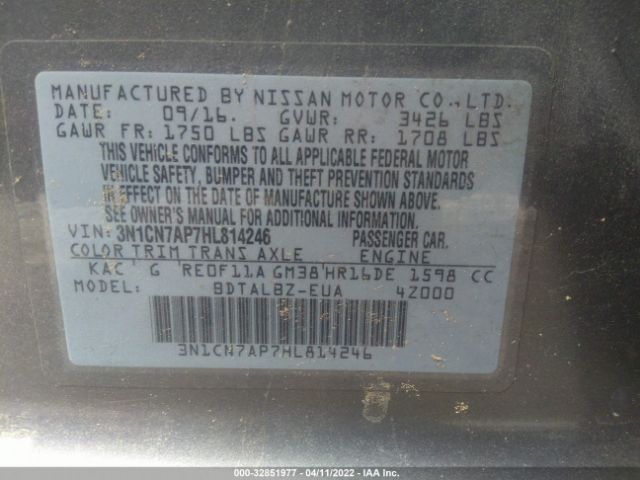 Photo 8 VIN: 3N1CN7AP7HL814246 - NISSAN VERSA SEDAN 