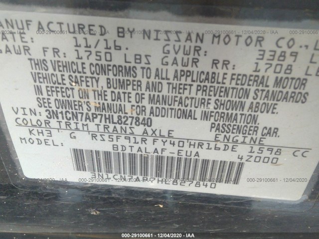 Photo 8 VIN: 3N1CN7AP7HL827840 - NISSAN VERSA SEDAN 