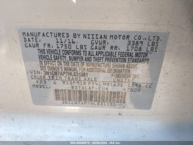 Photo 8 VIN: 3N1CN7AP7HL831581 - NISSAN VERSA 