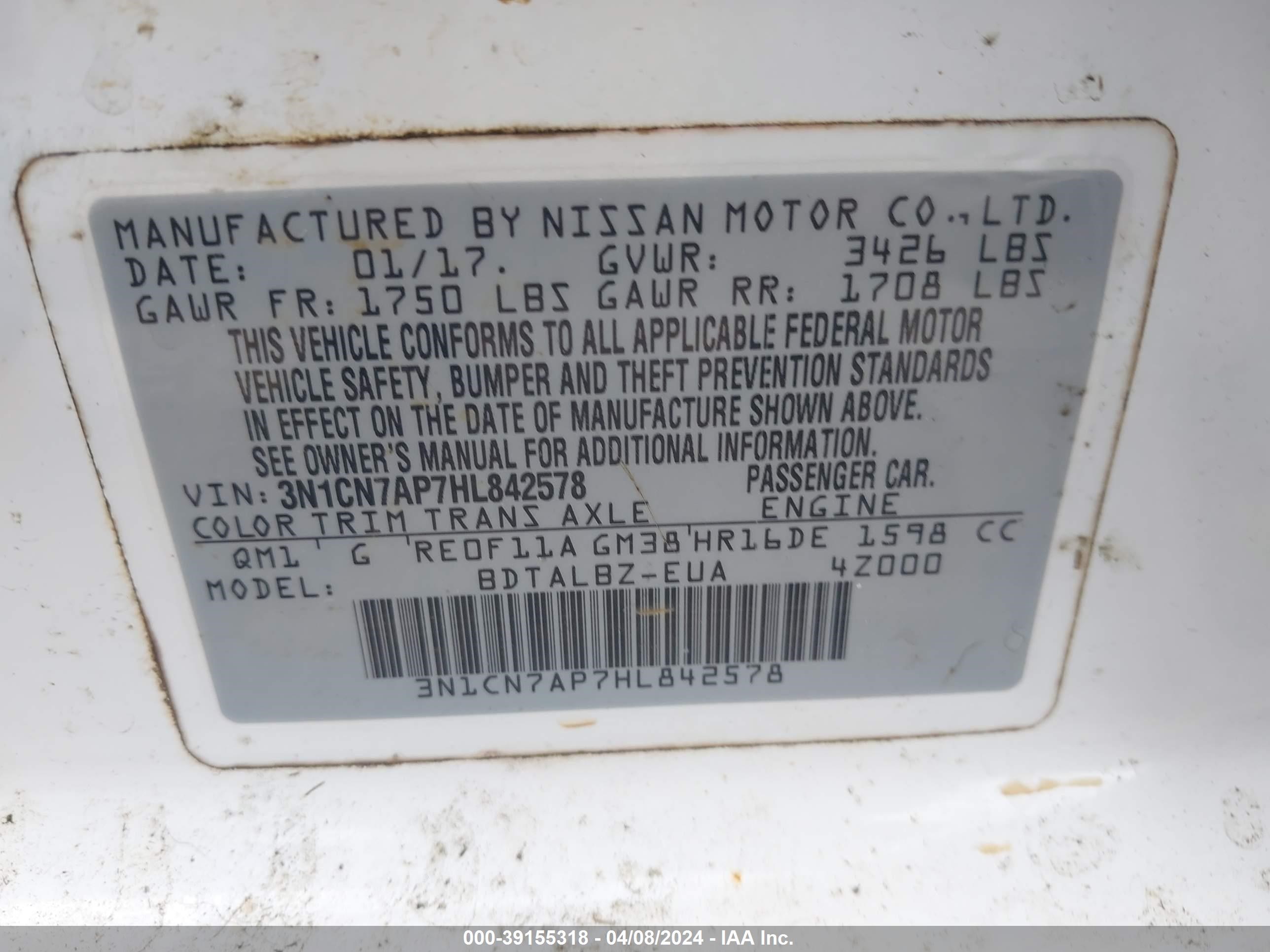 Photo 8 VIN: 3N1CN7AP7HL842578 - NISSAN VERSA 