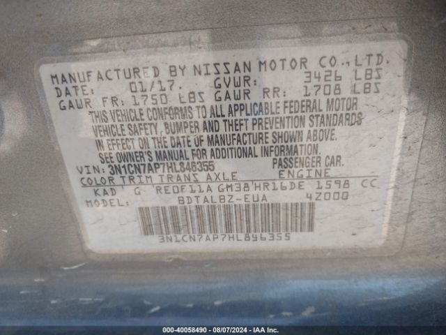 Photo 8 VIN: 3N1CN7AP7HL846355 - NISSAN VERSA 