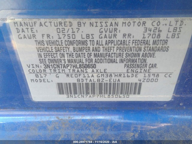 Photo 8 VIN: 3N1CN7AP7HL850650 - NISSAN VERSA SEDAN 