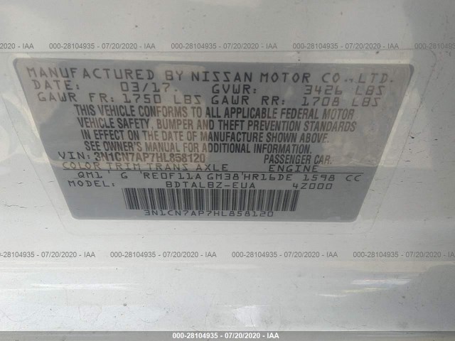 Photo 8 VIN: 3N1CN7AP7HL858120 - NISSAN VERSA SEDAN 