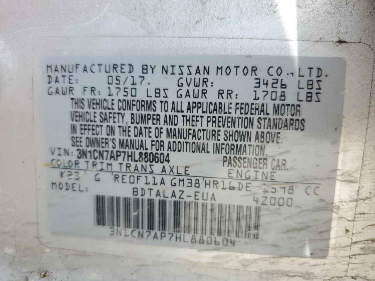 Photo 11 VIN: 3N1CN7AP7HL880604 - NISSAN VERSA 