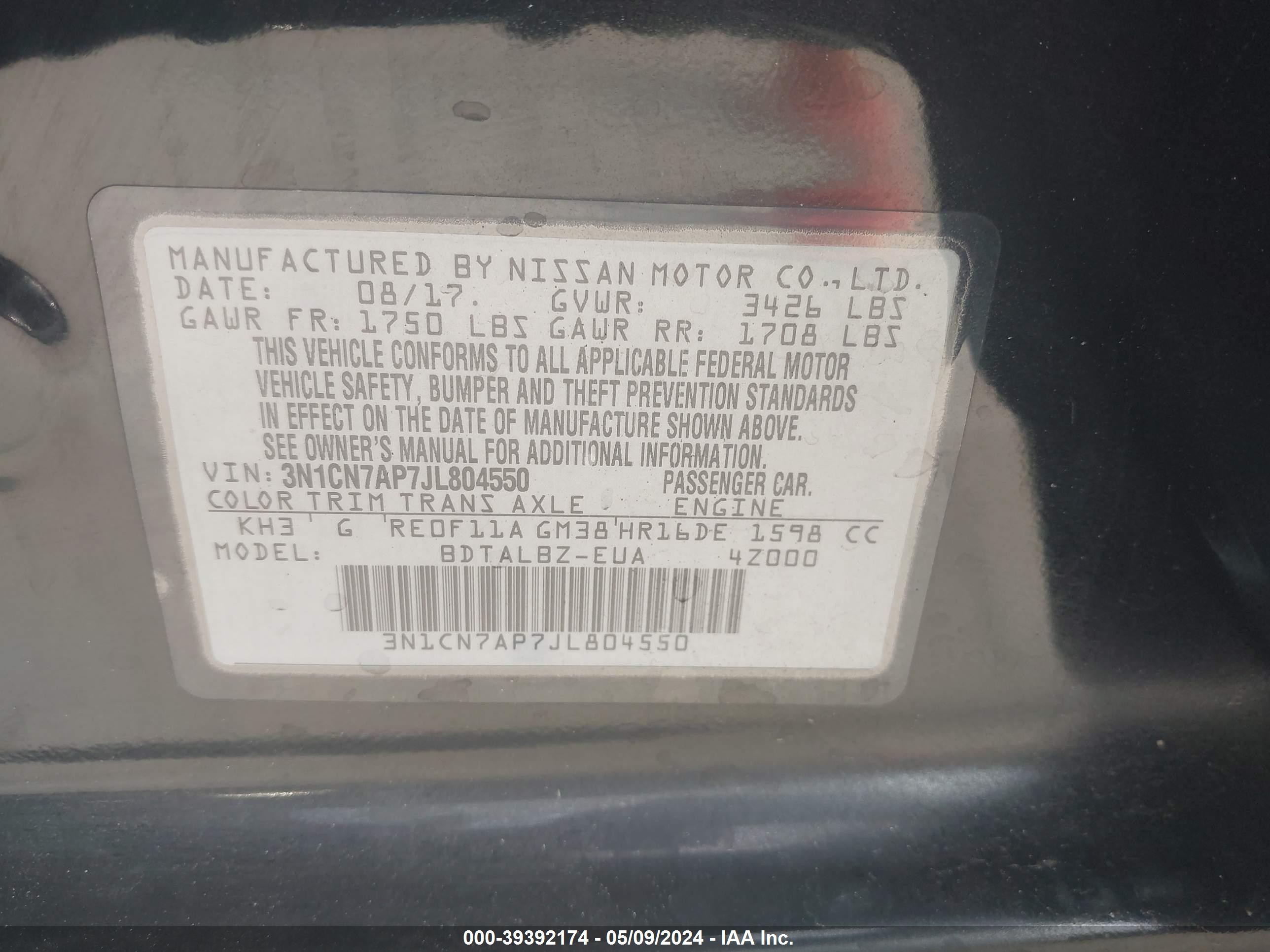 Photo 8 VIN: 3N1CN7AP7JL804550 - NISSAN VERSA 