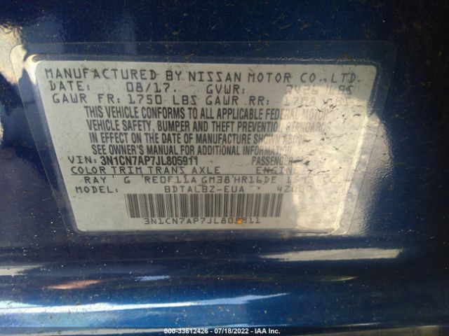 Photo 8 VIN: 3N1CN7AP7JL805911 - NISSAN VERSA SEDAN 