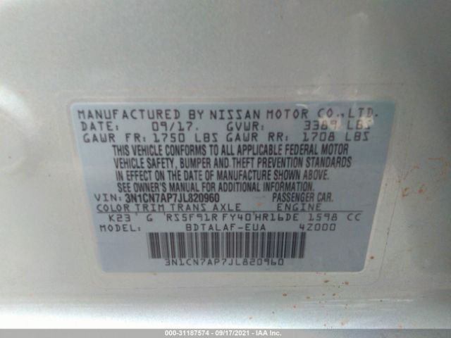 Photo 8 VIN: 3N1CN7AP7JL820960 - NISSAN VERSA SEDAN 