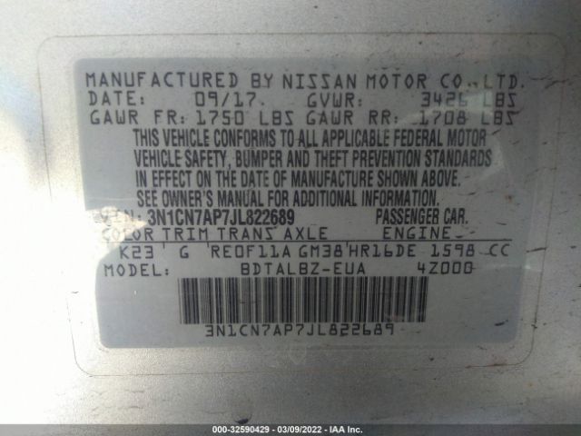 Photo 8 VIN: 3N1CN7AP7JL822689 - NISSAN VERSA SEDAN 