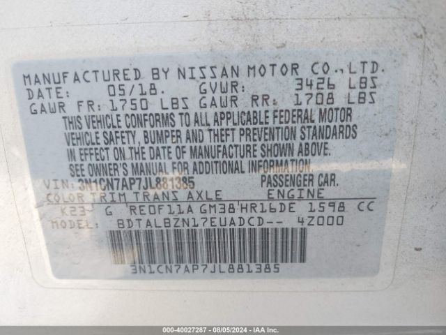 Photo 8 VIN: 3N1CN7AP7JL881385 - NISSAN VERSA 