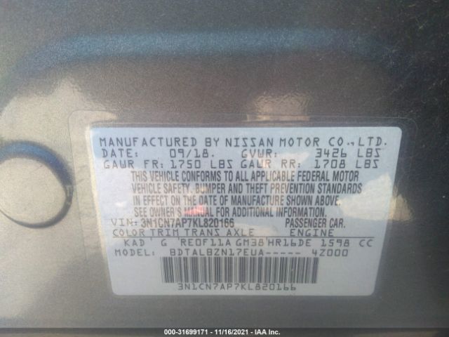 Photo 8 VIN: 3N1CN7AP7KL820166 - NISSAN VERSA SEDAN 