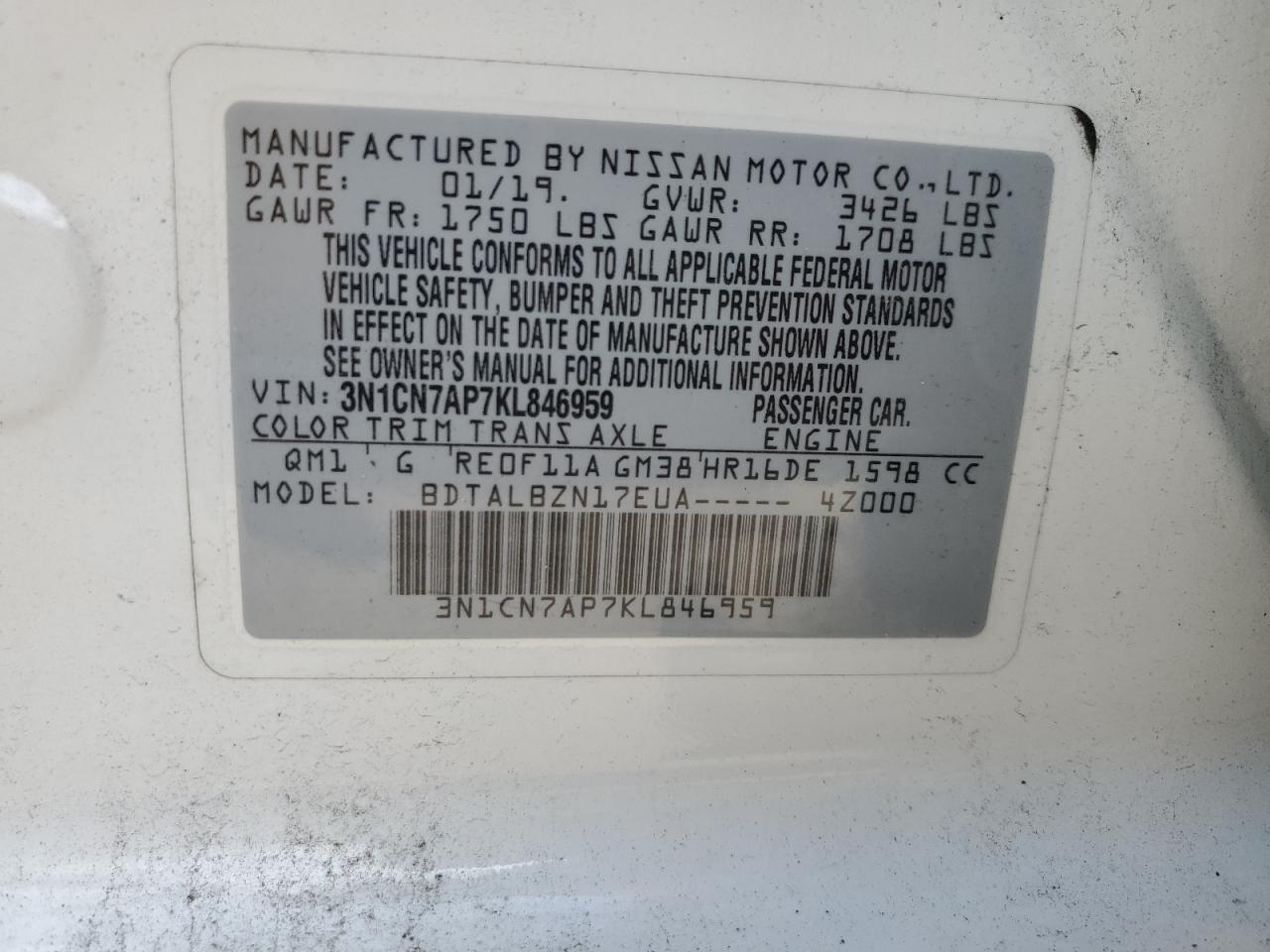 Photo 11 VIN: 3N1CN7AP7KL846959 - NISSAN VERSA 