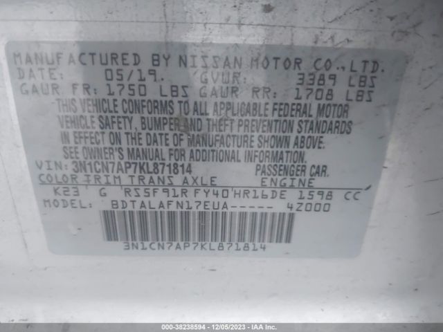 Photo 8 VIN: 3N1CN7AP7KL871814 - NISSAN VERSA 