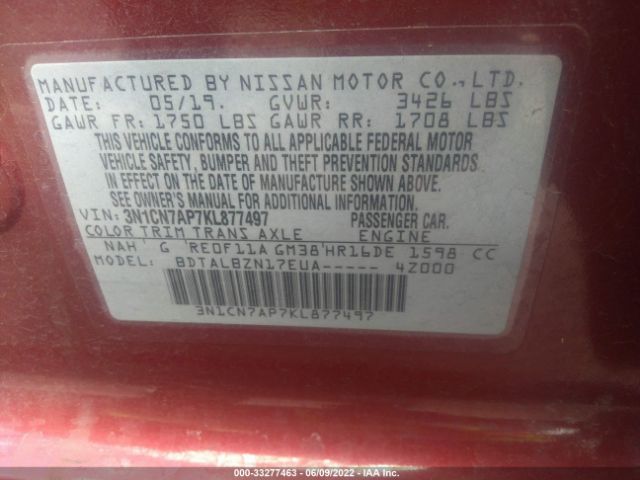 Photo 8 VIN: 3N1CN7AP7KL877497 - NISSAN VERSA SEDAN 