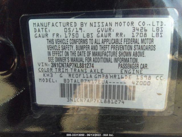 Photo 8 VIN: 3N1CN7AP7KL881274 - NISSAN VERSA SEDAN 