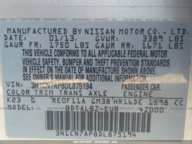 Photo 8 VIN: 3N1CN7AP8DL875194 - NISSAN VERSA 