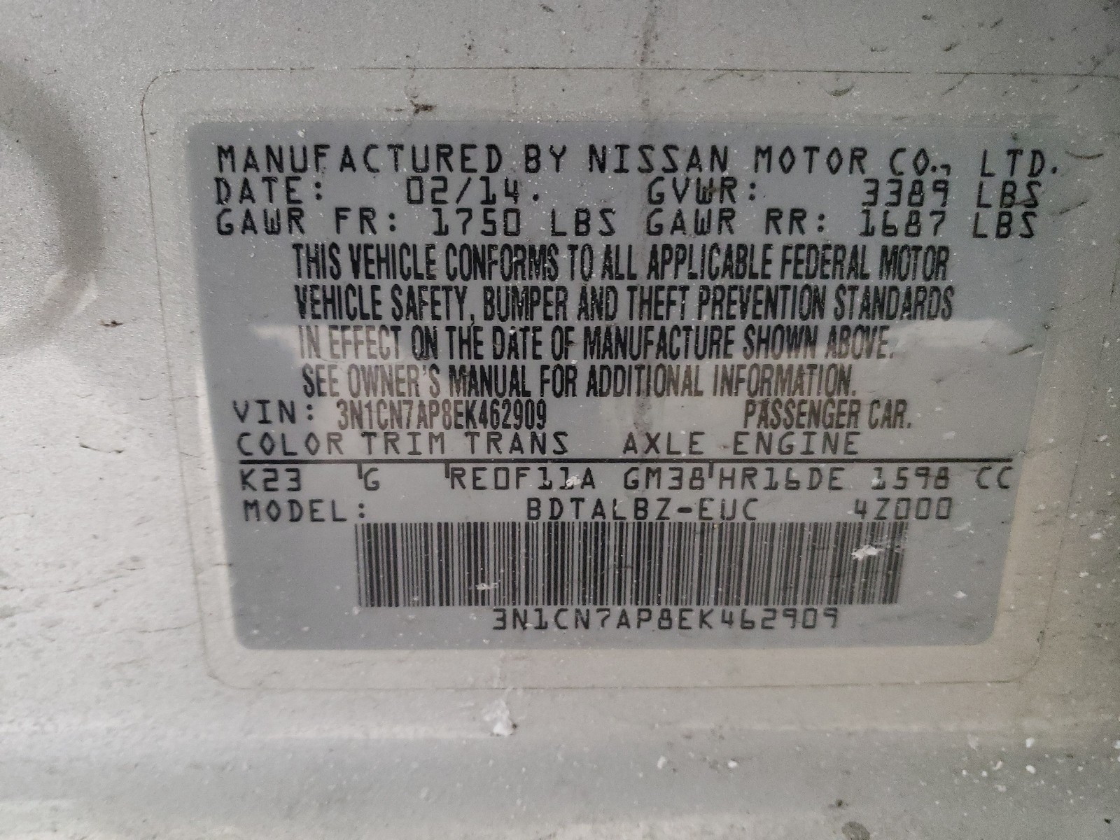 Photo 9 VIN: 3N1CN7AP8EK462909 - NISSAN VERSA S 