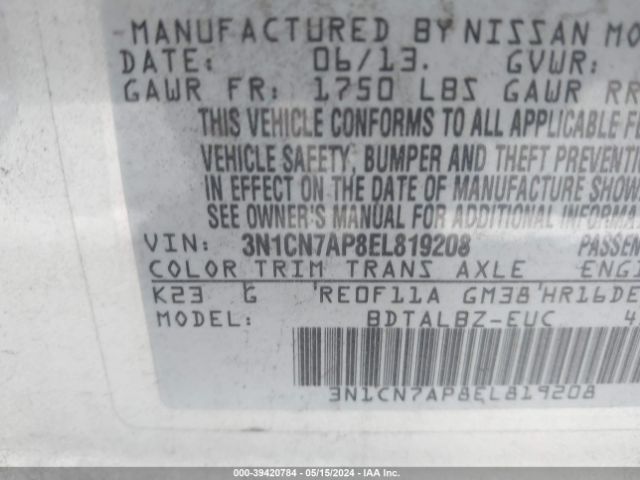 Photo 8 VIN: 3N1CN7AP8EL819208 - NISSAN VERSA 